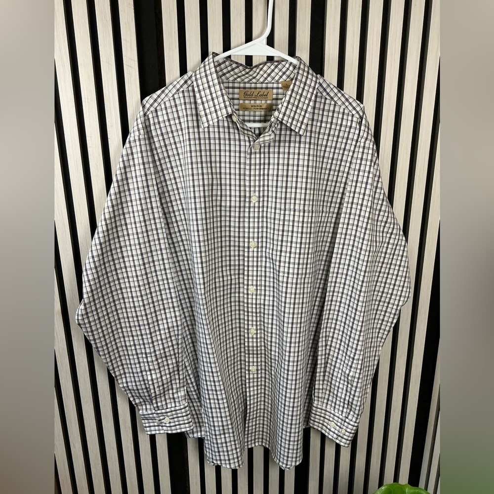 Roundtree & Yorke WhiteNavy/Tan Plaid Shirt, Sz lg